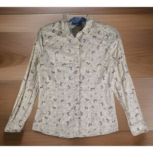 Wrangler Blues Women's‎ Western Pearl Snap Cowboy Boot Print Shirt Size S Beige